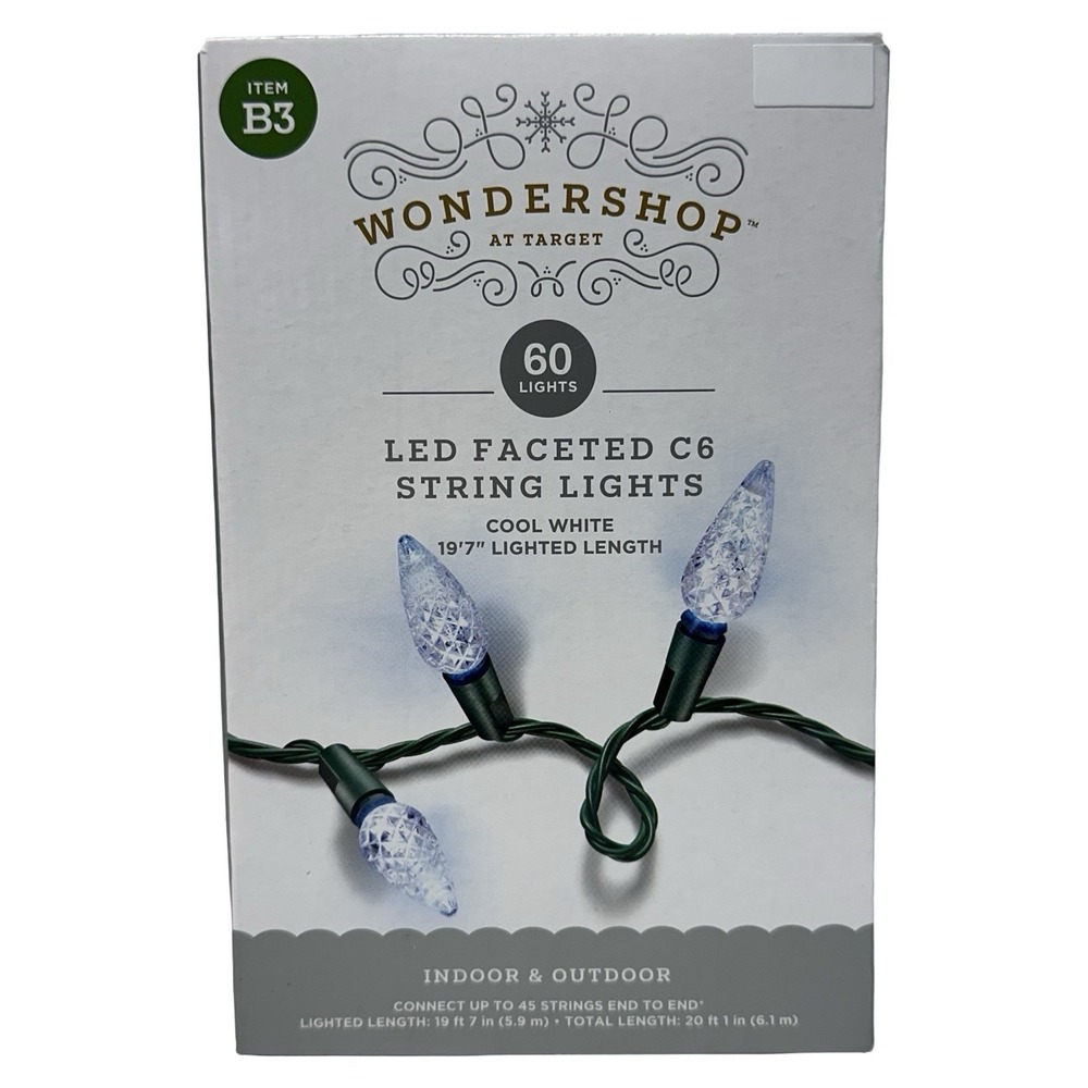 Wondershop 60 Cool White Faceted‎ LED C6 Lights Green Wire New
